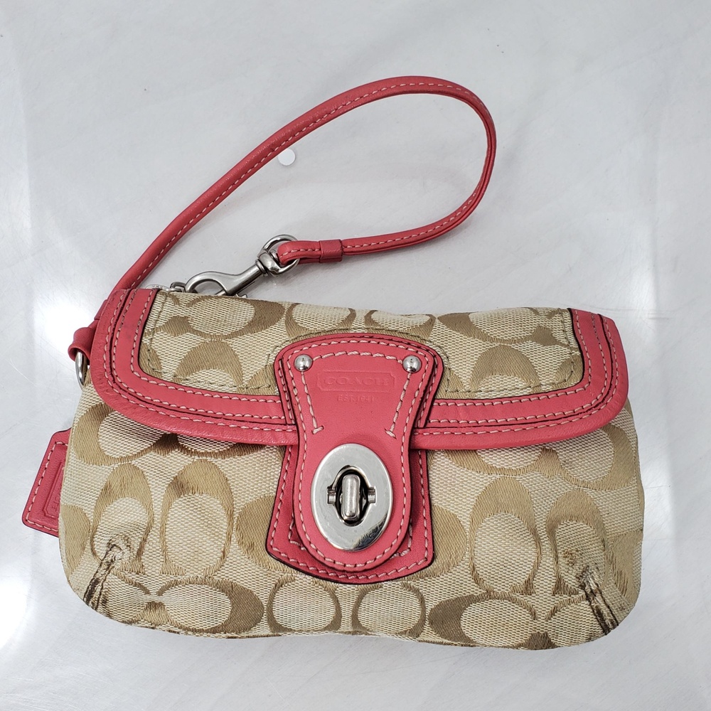 Dirty Coach Legacy Signature Small Khaki Pink Turnlock Canvas Wristlet Clutch